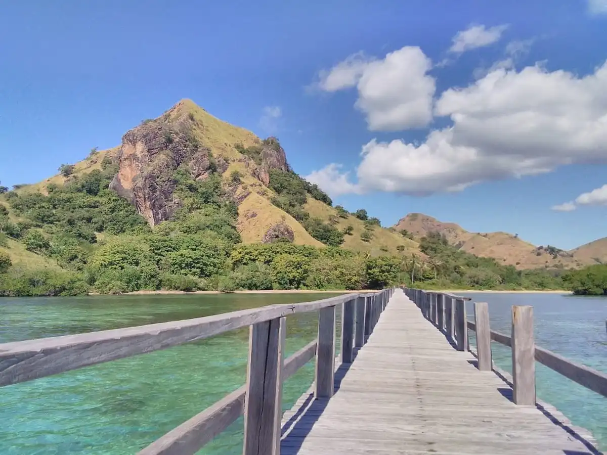 Aerial view of an island and reef near Labuan Bajo