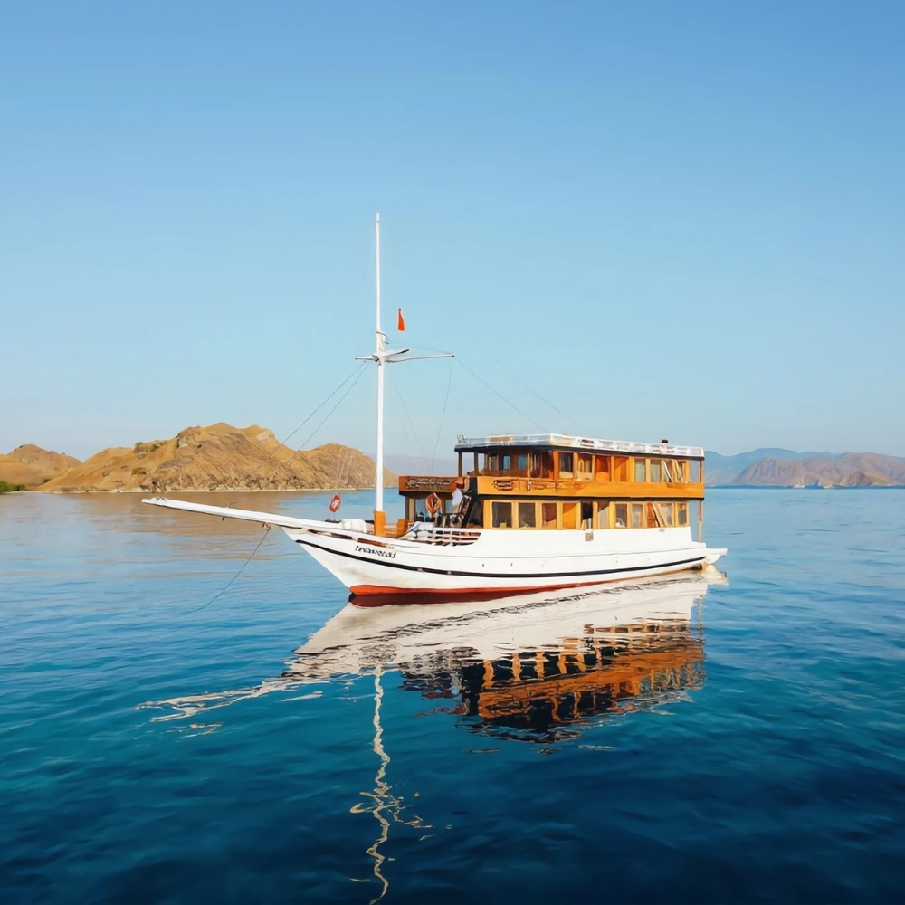 A delivered phinisi anchored off an island in the Komodo charter grounds