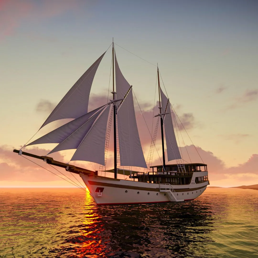 A phinisi at anchor with sails set and islands behind