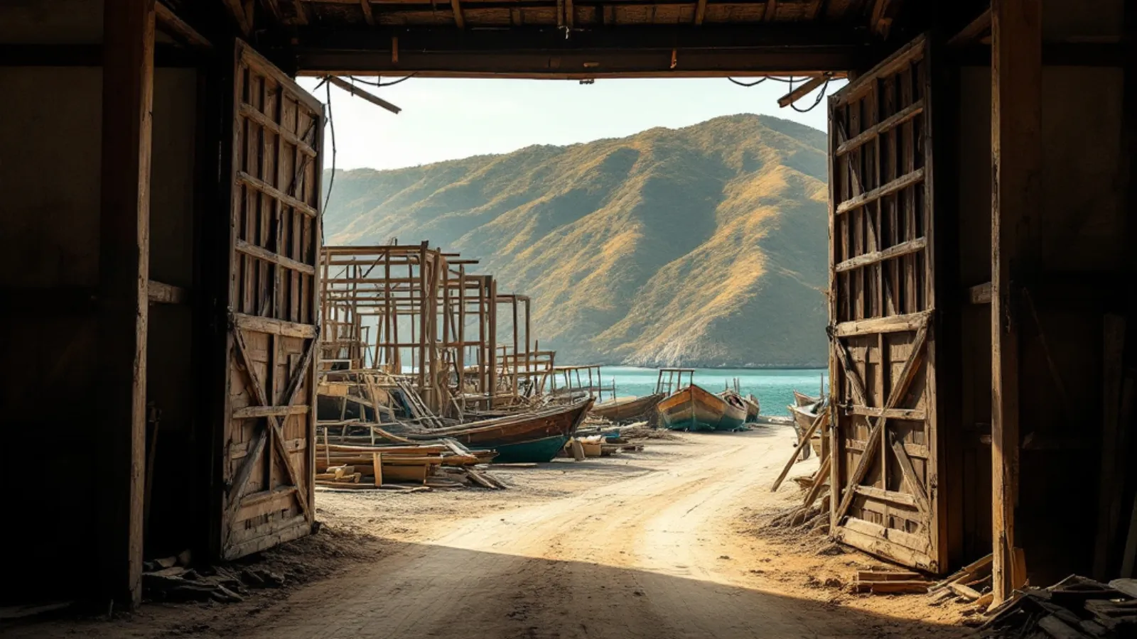 The walk down to the slipway, with the Labuan Bajo harbour and anchored fleet in sight