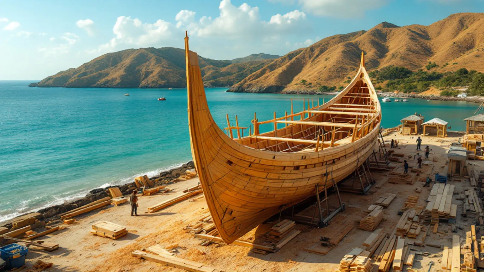Ironwood frames of a custom phinisi taking shape on the yard slipway in Labuan Bajo